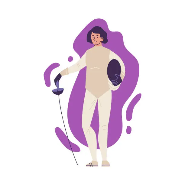 Vector illustration of Fencer female character with foil or rapier, flat vector illustration isolated.