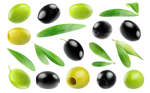 Collection of green and black olive fruits and olive leaves isolated on white background