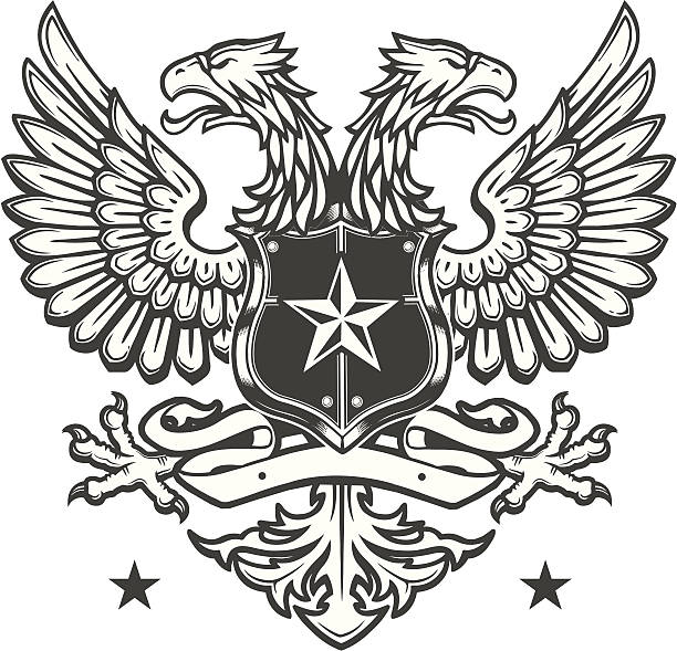 Double Headed Eagle crest on white A heraldic style shield crest featuring the double-headed eagle. aquila heliaca stock illustrations