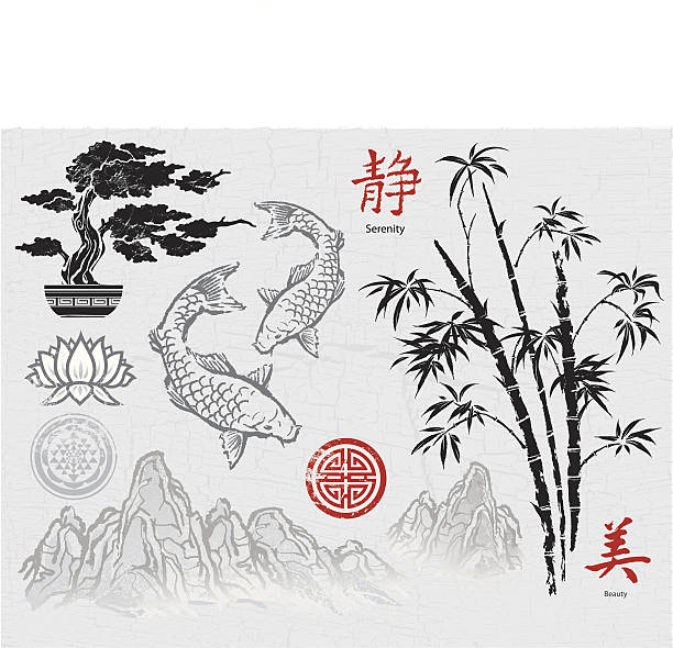 ilustraciones, imágenes clip art, dibujos animados e iconos de stock de asiática elementos de diseño de tinta - religion symbol buddhism fish
