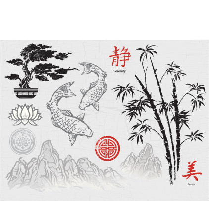 A compilation of asian-themed design elements. These all draw upon the asian tradition of dry brush ink painting. It includes a bonzai tree, lotus, koi fish,bamboo, mountain landscapes as well as  medallion symbols and chinese calligraphy characters.