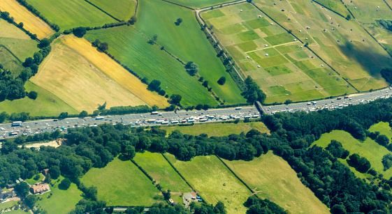 A large motorway traffic jam, in the United Kingdom, see from the air.