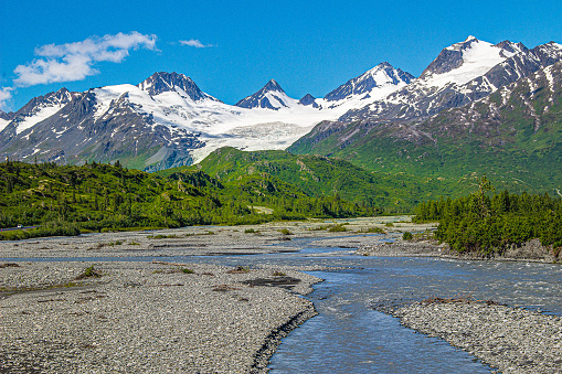 A river runs toward Worthington Glacier in Alaska
