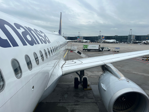Frankfurt, Germany - May 12 2023: A Lufthansa A321 aircraft on the tarmac of Frankfurt Airport