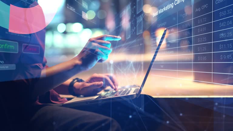 Man Using a Laptop double exposure with Business Data Analytics Dashboard