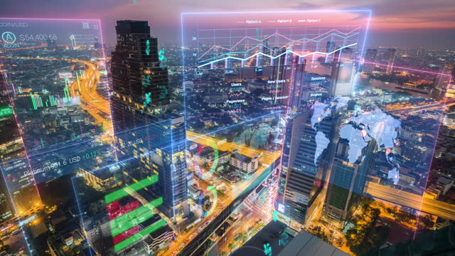 urban skyline double exposure with Business data Analytics dashboard Technology