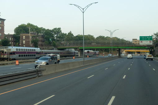 Boston, Massachusetts, USA- 05.20.2023: Highway Road and Railroad in Boston