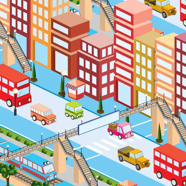 Vector illustration of Railway station with train and people isometric 3d illustration street downtown