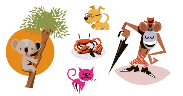 Vector illustration of cute koala, monkey, crab, cat, dog drawing
