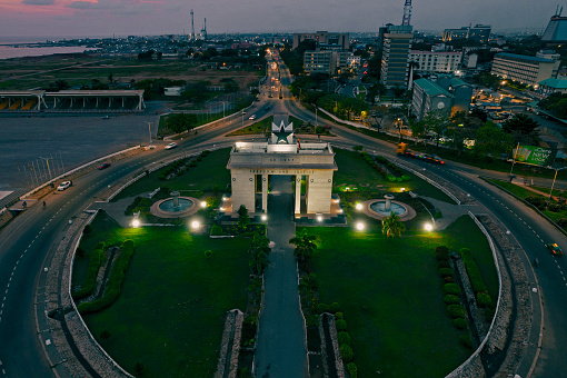 Aerial of Ghana, Accra Black Star Gate.