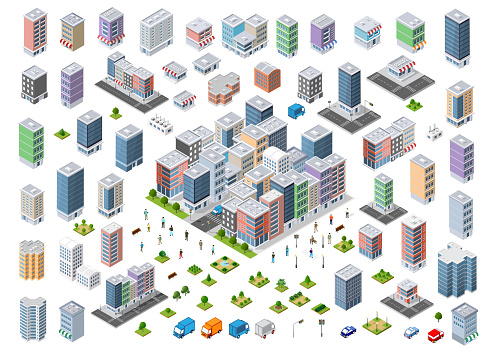 There set are many urban 3D buildings in different colors for creativity and design, including skyscrapers, houses, shops, offices, natural sites, trees, and transport.