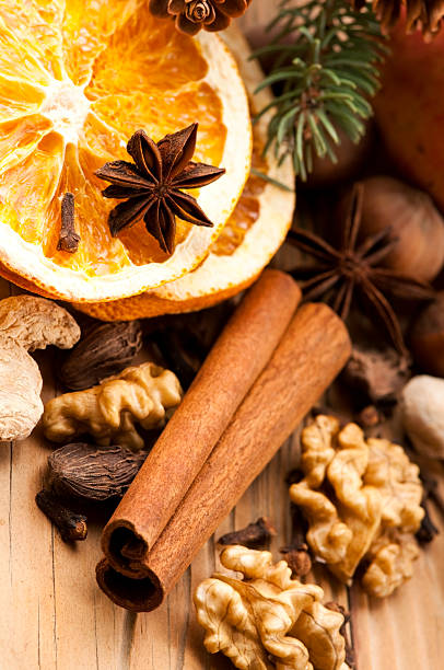 istock Different kinds of spices, nuts and dried oranges 155647969