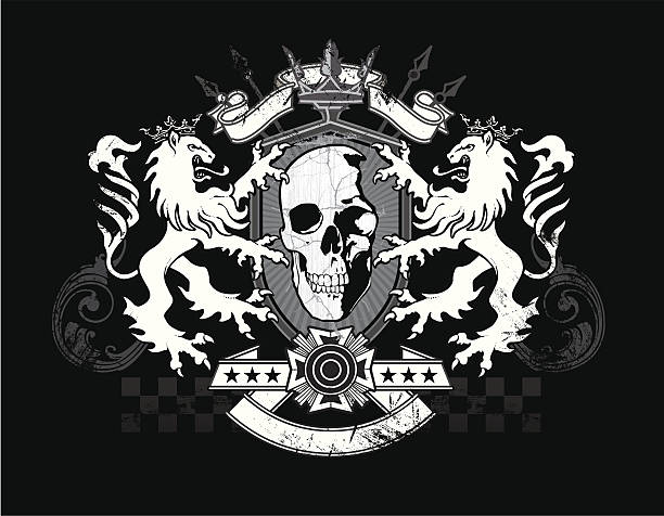 illustrazioni stock, clip art, cartoni animati e icone di tendenza di scudo stemma leone teschio - skull dirty insignia grunge