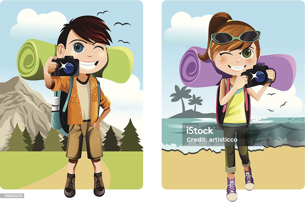 Traveling kids A vector illustration of a boy and a girl traveling and camping while taking pictures Girls stock vector