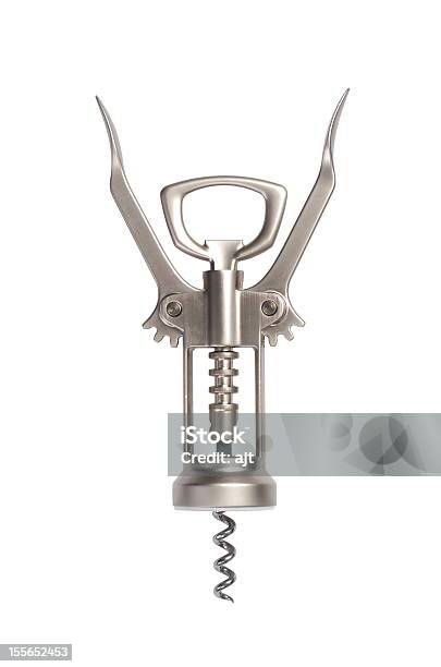 Silver Corkscrew Open For Use On A White Background Stock Photo - Download Image Now