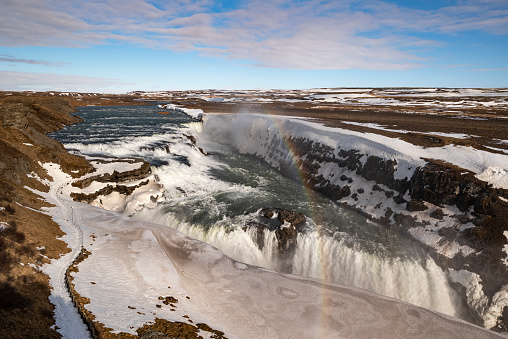 The mighty Gullfoss waterfall in a beautiful late winter scenery, Golden Circle Route, Iceland