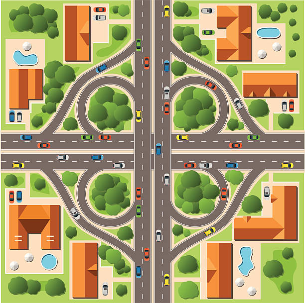 Map of Cottage Village Aerial View of a Suburb with Cloverleaf Highway. car-on-city-road-side-view stock illustrations