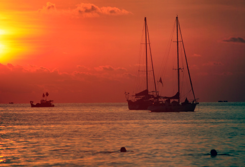 Traditional Philippine boats on sunset. Island Boracay