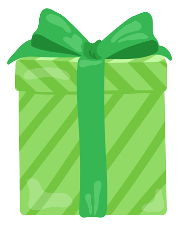 Green gift box with stripes. Green ribbon tied. Hand drawn vector illustration. Suitable for website, stickers, gift cards.