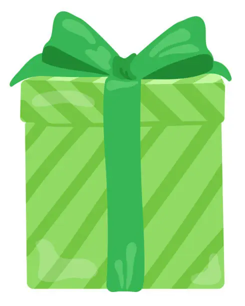 Vector illustration of Green gift box with stripes. Green ribbon tied. Hand drawn vector illustration. Suitable for website, stickers, gift cards.