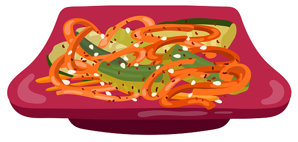 Japanese spice salad on red plate with carrot, marinated cucumbers, sesame and pepper. Hand drawn vector illustration. Suitable for website, stickers, gift cards.