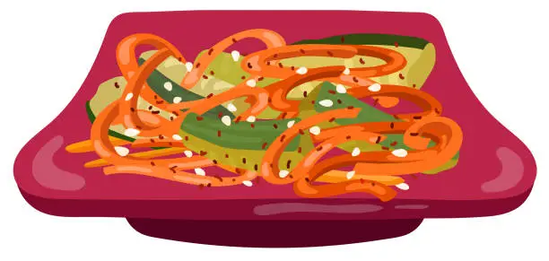 Vector illustration of Japanese spice salad on red plate with carrot, marinated cucumbers, sesame and pepper. Hand drawn vector illustration. Suitable for website, stickers, gift cards.