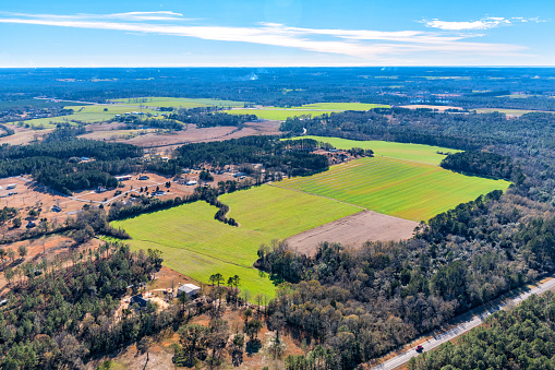 Aerial view of cultivated farmland in the western panhandle of Florida near the Alabama border.