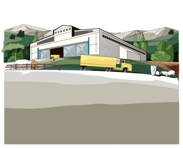 Vector illustration of animals and shepherd in front of the slaughterhouse