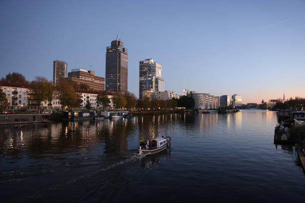 River Amstel in Amsterdam, the Netherlands, at sunset