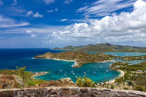 Elevated view of English Harbour, Galleon Beach from Shirley Heights, Antigua and Barbuda