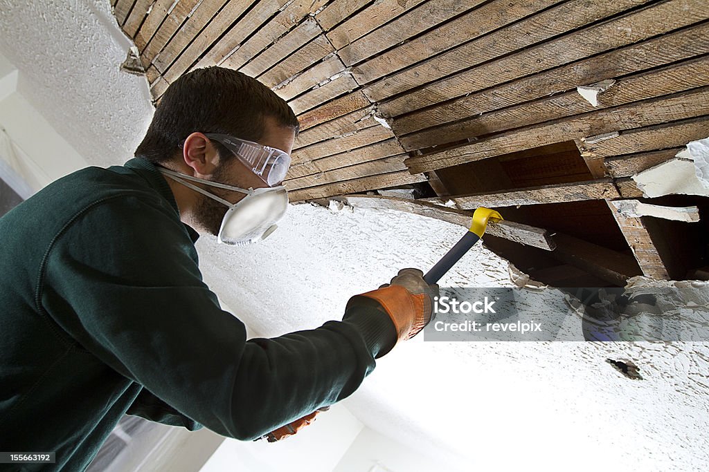 Ceiling Demolition man removing plaster lathe from ceiling with a crowbar Restoring Stock Photo