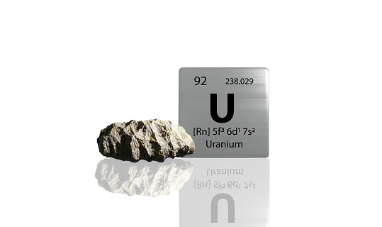 Uranium element on a metal periodic table with yellowish grey metamictic Uranium on white background. 3D rendered icon and illustration.