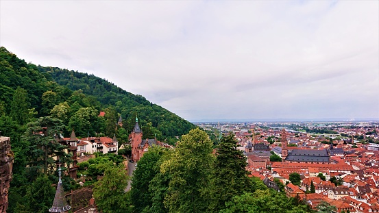 Heidelberg town in Germany and ruins of Heidelberg Castle (Heidelberger Schloss) in Spring, panoramic image