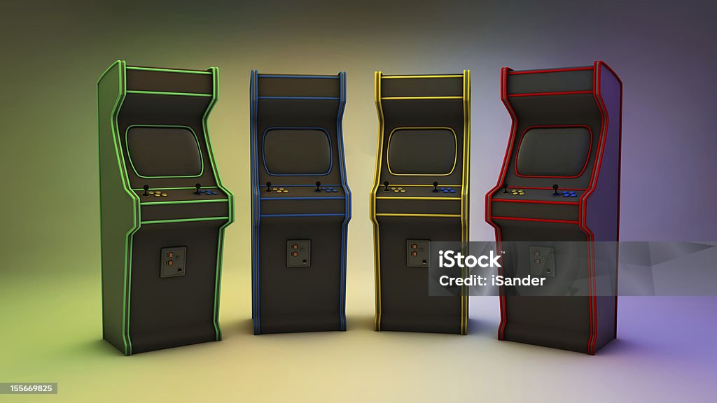 Giochi Arcade 4 colori frontale - Foto stock royalty-free di Sala giochi - Locale di intrattenimento