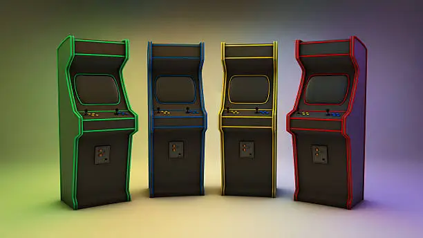 A 3D render of four retro looking arcade video game machines in four different colors with a nice background.