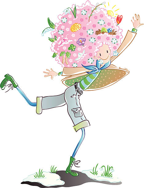 Spring girl Girl with flowers, leaves, sun, paper ship and nest in pink hair runs on the ground. melting girl stock illustrations