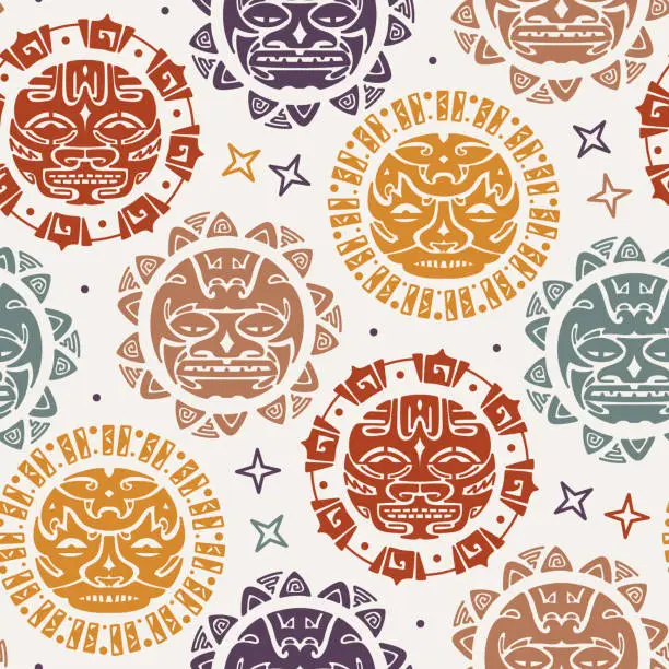 Vector illustration of Angry Sun Faces tribal pattern. Maori Tattoo Ornament Seamless Pattern. Ethnic Mask. Vector illustration