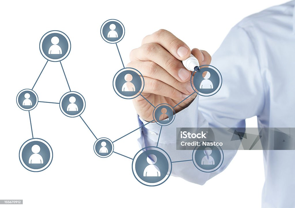 Human hand drawing social media diagram Human hand drawing social network scheme at the transparent whiteboard Blue Stock Photo