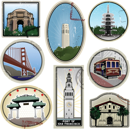 Ultra stylized San Francisco retro suitcase style travel stickers with stamp overlay and additional distress