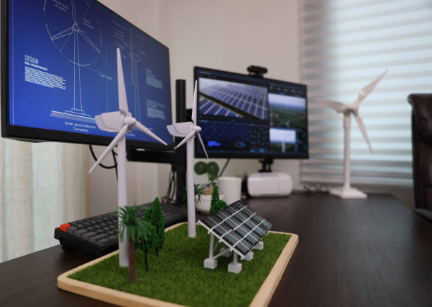 istock the professional property on a tablet with a black screen mock-up display. Creating a Concept of Wind Turbine and solar panel energy in an Office. 1556728143