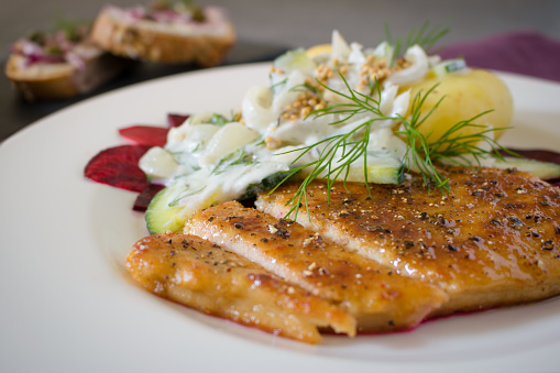 Food photography of a food dish with boiled potatoes, a vegetarian cutlet, beets and a cucumber, yogurt and dill salad on a schist table.