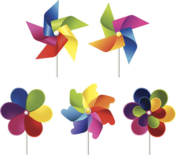 Windmill toy set Vector illustration of windmill set colorful paper windmill toy stock illustrations