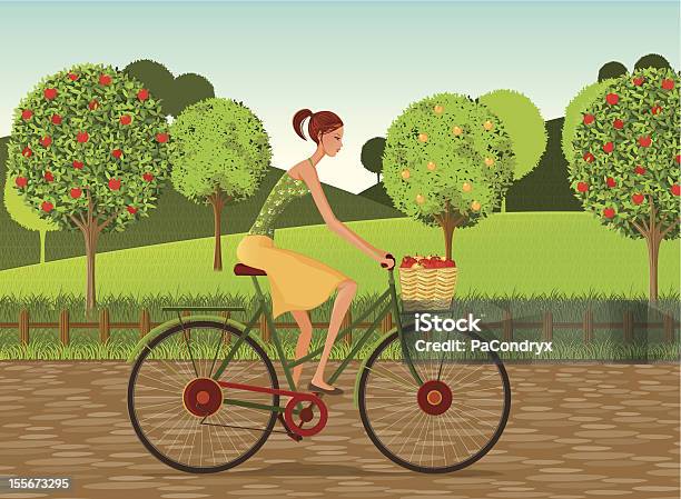 Girl With Bike And Apples In Countryside Stock Illustration - Download Image Now - Fence, Apple Tree, Illustration