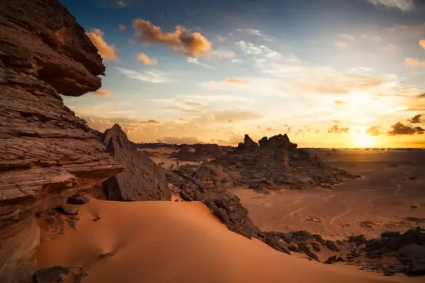 Sunset on Acacus mountains in western Libya, part of the Sahara.