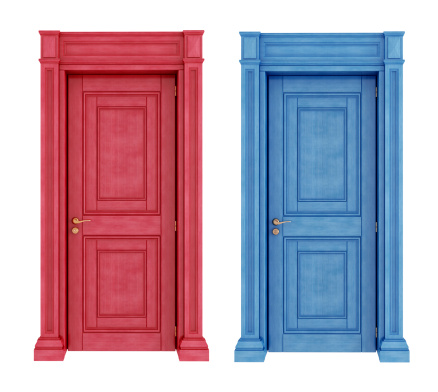 Vintage red and blue doors isolated on white-rendering