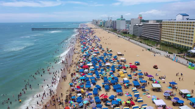 Aerial View of the crowded Virginia Beach oceanfront during the 4th of July weekend