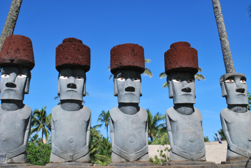 Replicas of the famous moai statues from Easter Islands (Rapa Nui) at Polynesian Museum in Hawaii.