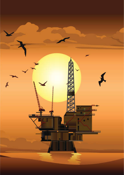 ilustrações de stock, clip art, desenhos animados e ícones de plataforma de petróleo ao pôr do sol - oil rig oil industry sea mining