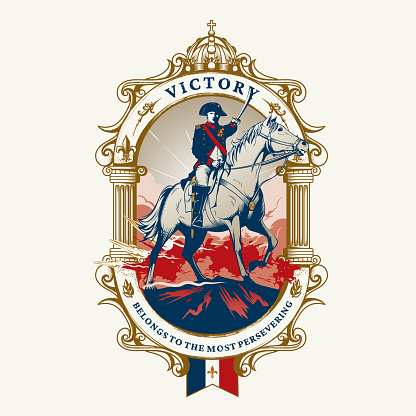 Napoleon on his horseback, Marengo, leading his troops to battlefield vector illustration. insignia style.