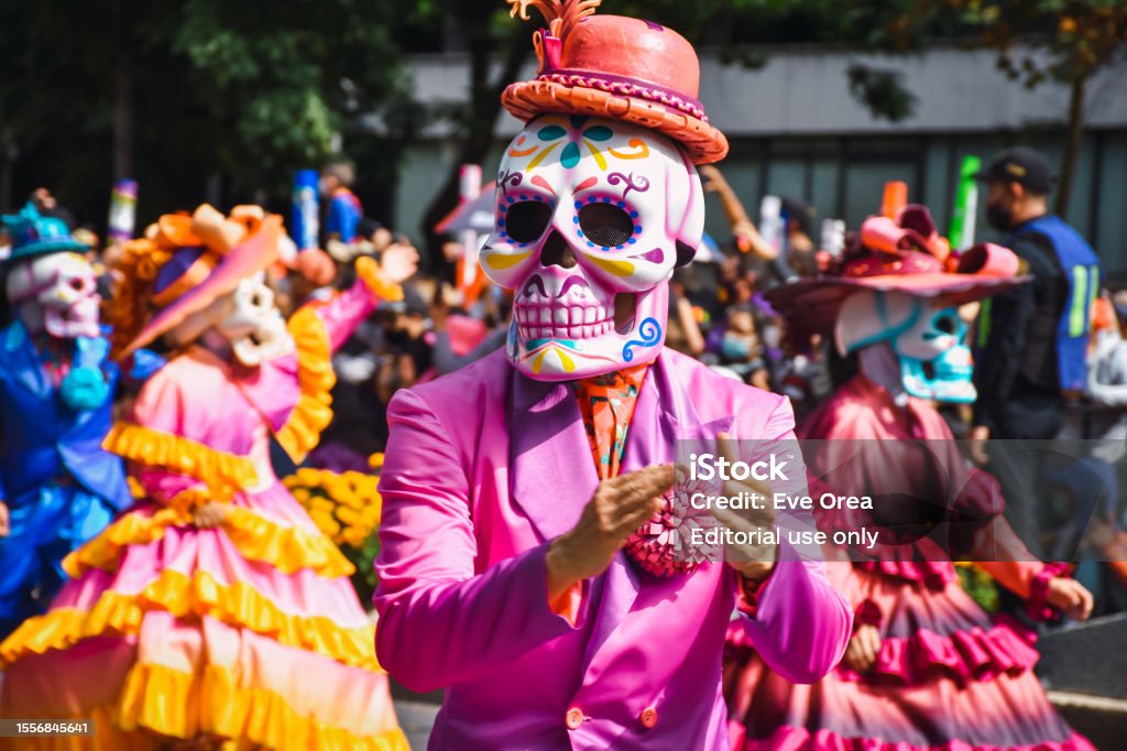 Day of the dead parade in Mexico city, people in disguise during the Day of the Dead parade Day of the Dead celebrations in Mexico City, Day of the dead parade in Mexico city Day Of The Dead Stock Photo